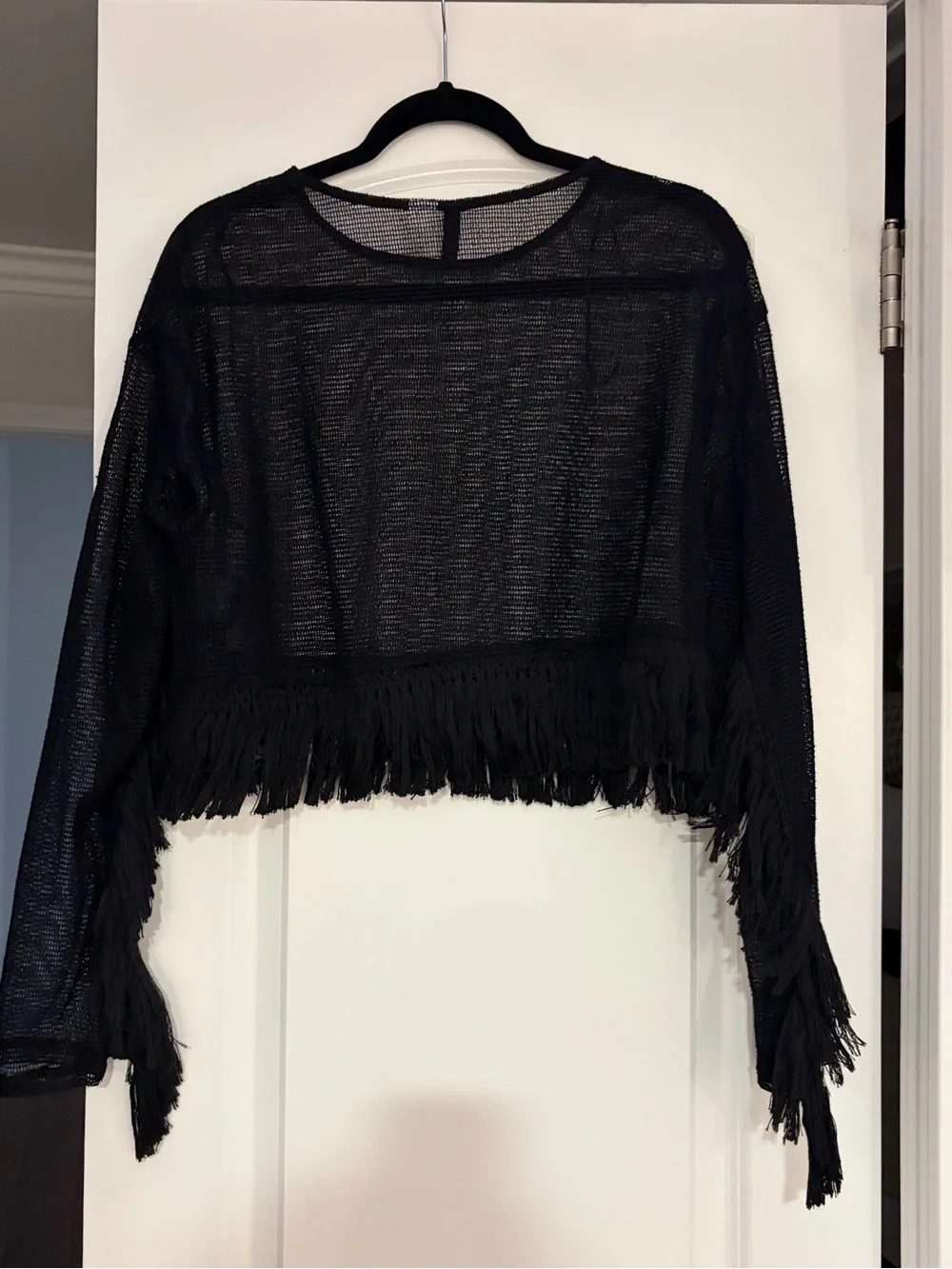 H&M Black Sheer Cropped Fringe Knit Top NWT